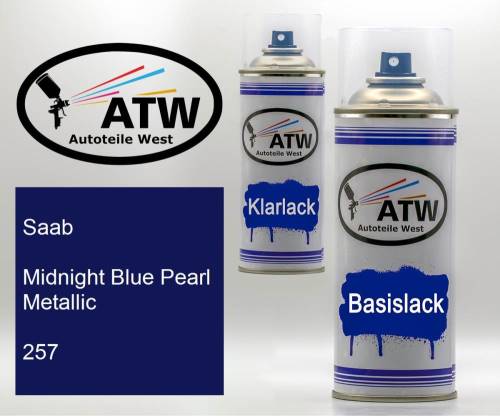 Saab, Midnight Blue Pearl Metallic, 257: 400ml Sprühdose + 400ml Klarlack - Set, von ATW Autoteile West.